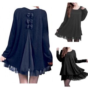 BACK BOW TUNIC TOP LAYERED MINI RUFFLE HEM DEEP BACK SLIT FLIRTY BOWS SIE LARGE